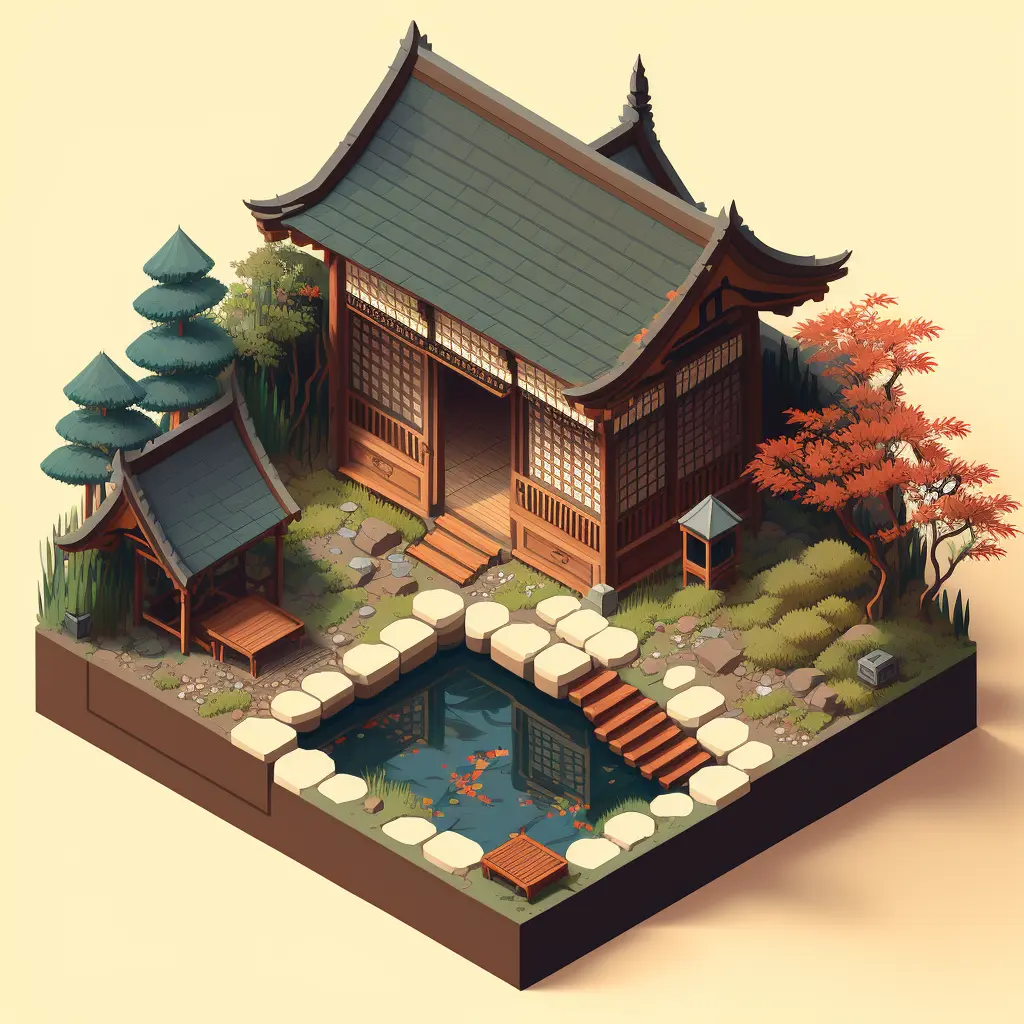 Isometric clean pixel art image of an old Japanese ryokan with a small open air hot spring